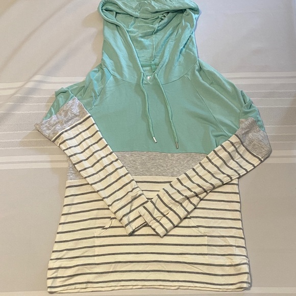 Market & Spruce Tops - Market & Spruce Women’s Striped Light-Weight Hoodie with Mint and Gray Accents